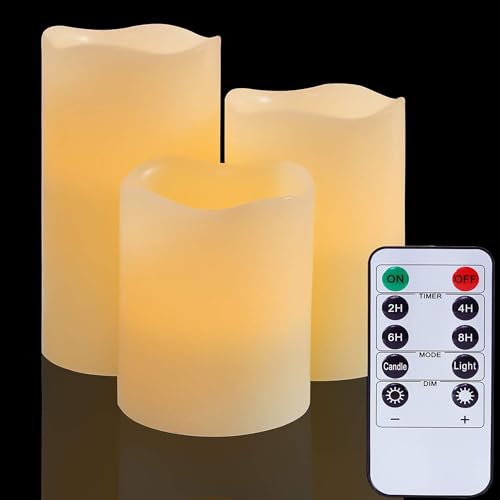 YIWER Velas LED con pilas y sin llama: Luces reales de pilar de cera con control remoto Parpadeo falso para decoración de: bodas, Navidad, Fiesta de cumpleaños, Jardín al aire libre (Set de 3)