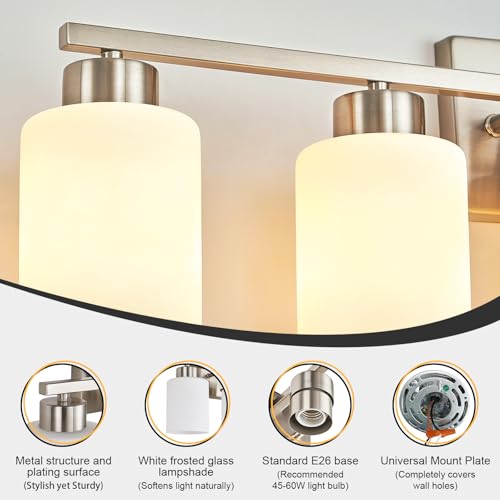 Image of FonmYim Brushed Nickel Bathroom Light Fixtures, 5-Light Modern Vanity Light Over Mirror, Wall Sconces with Milky White Frosted Glass Shades, E26 Socket (Bulbs Not Included)