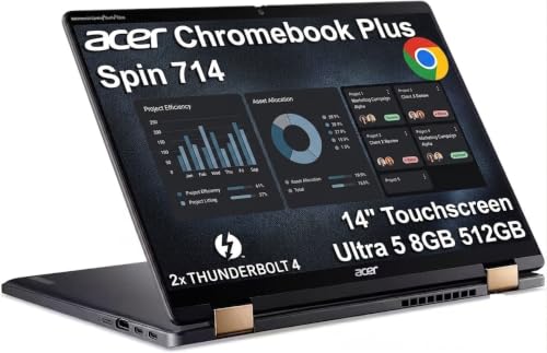 Image of Acer Chromebook Plus Spin 714 14 inch 2-in-1, Ultra 5 115U, 8GB DDR5, 512GB SSD | FHD+ Touchscreen Laptop, 2x Thunderbolt 4, Intel 8-Core, Convertible for Business, Students, Backlit, Gemini AI, Chrome OS