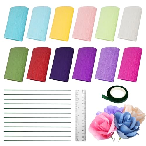 12 Colores Papel Crepe Papel Pinocho 10 x 250 cm con Cinta y Hilo Floral para Manualidades Fiestas Cumpleaños Boda Decor