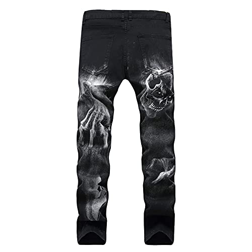 Men's Casual Printed Slim Fit Denim Pants Straight Personality Trendy Jeans Fashion Stretch Skinny Pencil Trousers (Black,32)2