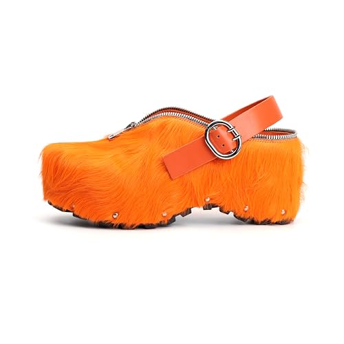 Image of XOBZJH Women's Natural Cow Print Fur Platform Clogs with Decorative Zipper & Adjustable Buckle Strap - Western Slip-On Punk Rivet Mules with Arch Support, Chunky Retro Rustic Style