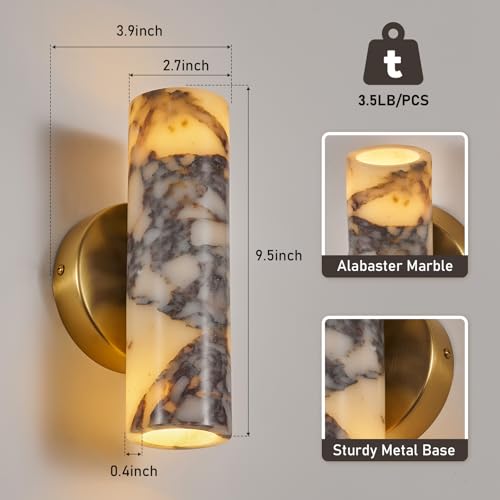 Image of Natural Marble Wall Sconces Set of 2, Alabaster Wall Light, Hardwired Wall Light Fixtures, Modern Wall Mount Wall Lights for Dining Room Stairs Bedroom Bathroom Hallway