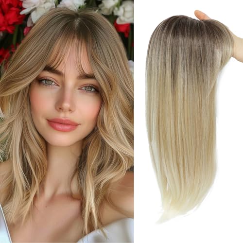 JQM Hair Toppers for Women, 18 Inch Long Hair Pieces for Women with Thinning Hair, 360° 3D Clip in Blunt Wispy Bangs (Ombre Dark Root to Blonde)