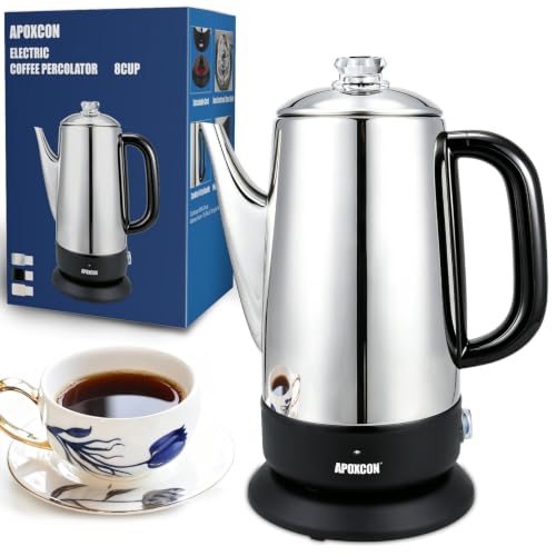 Image of APOXCON Electric Coffee Percolator, Stainless Steel, 1200ml, with Keep-Warm Function, Glass Knob, Cordless Serving - No Aluminum No Plastic Contact with Beverage (8 Cup)