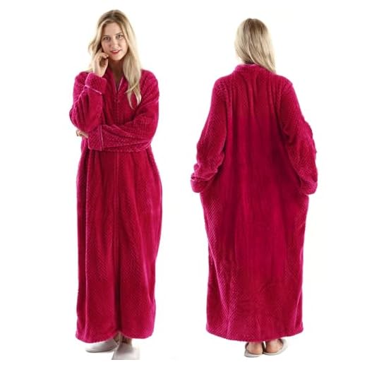Oksun Albornoz de forro polar para mujer, talla grande, suave, longitud completa con cremallera, Sin capucha-rosa rojo, Medium