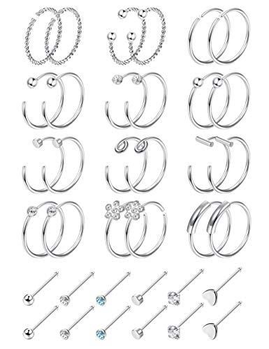 BodyBonita 20G 36Pcs Nose Rings Hoop Stainless Steel L Bone Screw Shaped Nose Studs CZ Tragus Cartilage Nose Ring Labret Nose Piercing Jewelry for Men Women