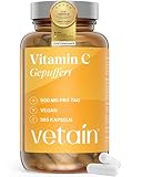 VETAIN Vitamin C gepuffert 500mg - 365 vegane Kapseln - säurefreies Calcium - pH-neutral, magenschonend & hochdosiert - produziert & laborgeprüft in Deutschland