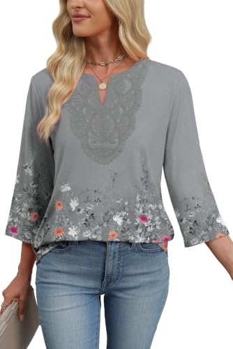 Image of WIHOLL 3 /4 Length Sleeve Womens Tops Boho V Neck Lace Shirt Trendy Blouses Dressy Casual Vacation Clothes S-3XL
