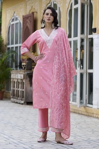 Image of VredeVogel Women's Silk Blend Kurta Pant Set with Chanderi Embroidery Work Dupatta