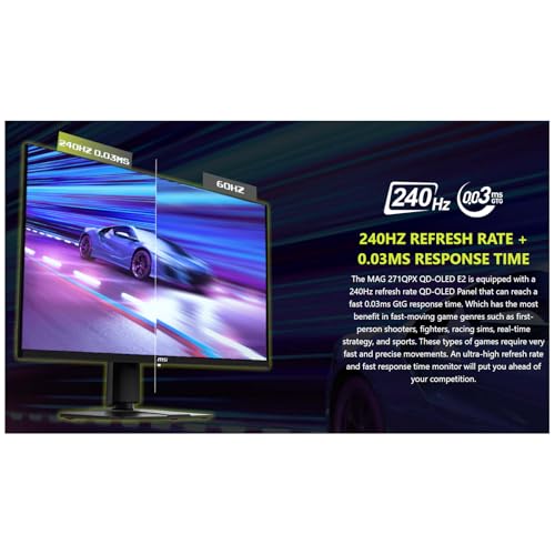Image of msi 27 inch MAG QD-OLED Gaming Monitor | 2K QHD 240Hz, 0.03ms | True Black HDR 400, 99% DCI-P3 | AMD FreeSync Premium Pro | USB-C, 2xHDMI 2.1, DP 1.4a | OLED Care 2.0 | Tilt and Height Adjustable