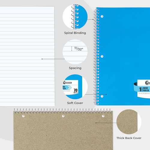 Rosmonde Spiral Notebooks, 12 Pack, 1 Subject Notebook, Wide Ruled, 70 Sheets, 8 x 10-1/2", 3 Hole Punched, School Supplies, Bulk Single Subject Spiral Notebook Bulk, Assorted Colors Pack of Notebooks by Rosmonde - Image 5