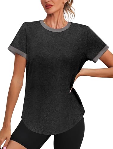 Image of Womens Workout Tops Summer Short Sleeve Shirts Athletic Color Block Gym Clothes Outfits Sun Protection UPF 50+ T Shirts
