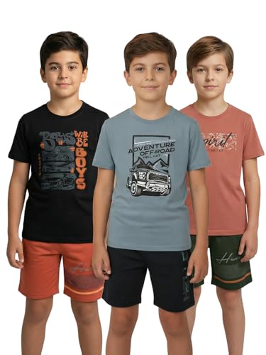 Image of HELLCAT Boys Dress Clothing Set Combo with Tshirts & Shorts - Pack 3