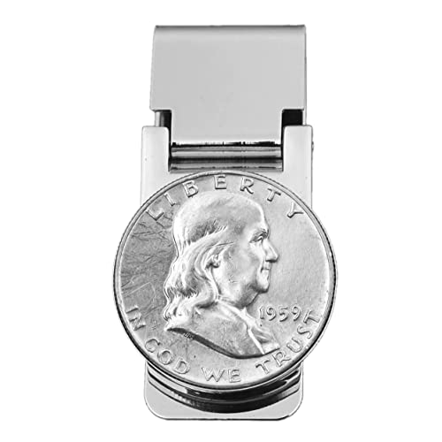 US 1959 Franklin Half Dollar 90% Silver Coin Hinged Money Clip NEW - Silver Plated Coin Bezel