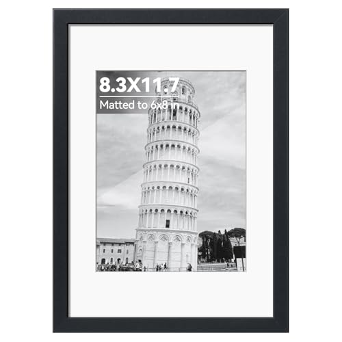HappyHapi 8.3x11.7 Picture Frame, A4 Black Photo Frame for 6x8 with Mat or 8.3x11.7 Without Mat, Wall Mount Display Picture Frames for Prints, Photos, and Paintings, 1 Pack