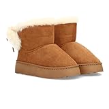 97246 Bota para Invierno con Exterior Afelpado y Detalle de Borreguito. Suela de Plataforma Antideslizante. Ideal para Mujer. Camel Talla 36