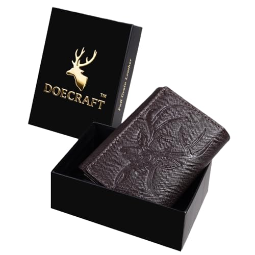 Image of Men's Genuine Leather RFID Wallet | Premium Slim Red Wallet for Men with Deer 3D Print | 8 Card Slots Secure and Durable | Casual Stylish | Formal & Gifting Use, Golden (SAFIANO /Brown)
