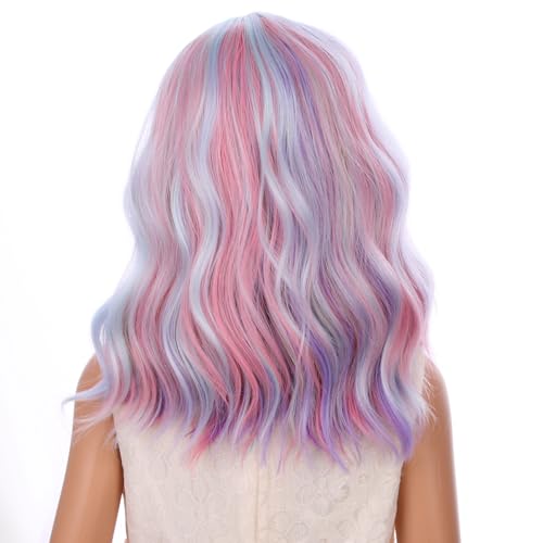 Image of PATTNIUM Kids Rainbow Wig Child Short Wavy Wig Multicolor Colorful Wigs for Girls Synthetic Wigs