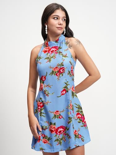 Image of Tokyo Talkies Women's Floral Mini Flared Dress | Halter Neck & Playful Silhouette | Chic & Effortlessly Feminine