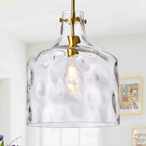 Image of 12 inch Gold Farmhouse Pendant Light, Hammered Glass, E26 Hanging Light