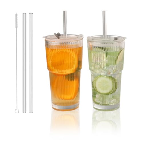 NatureMan Vasos de vidrio acanalado de 600 ml con tapas y popotes, 2 vasos de vidrio resistentes a las fugas, vasos de café helado, vasos para jugo, whisky, cóctel, se adapta a portavasos de coche