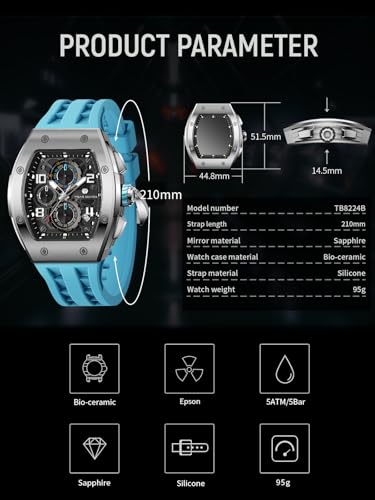 Image of TSAR BOMBA Mens Luxury Watch Watches for Men 50M Waterproof Japanese Quartz Movement Tonneau Stainless Steel Case Sapphire Glass with Chronograph Date Function Cool Unique Fashion Gift
