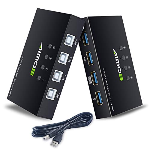 AIMOS USB Switch, 4 Puertos Conmutador USB 4 Entradas y 4 Salida para Compartir 4 Dispositivos de Memorias USB, Disco Duro, Impresoras, Escáneres, etc