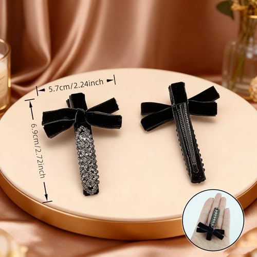 4PCS Pinzas para el cabello con lazo de terciopelo negro, clips de lazo con rhinestones brillantes para niñas, accesorios para el cabello con cristal francés antideslizante para mujeres miniatura 4