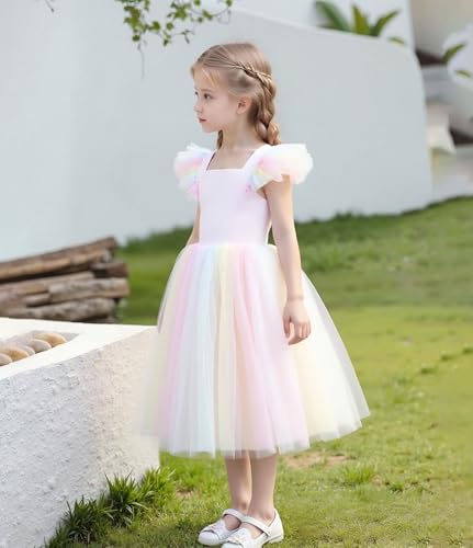 Image of Tutu.kk Toddler Girls Vintage Party Dress Ruffled Sleeve A-Line Tulle Flower Girl Dresses for Wedding,Birthday