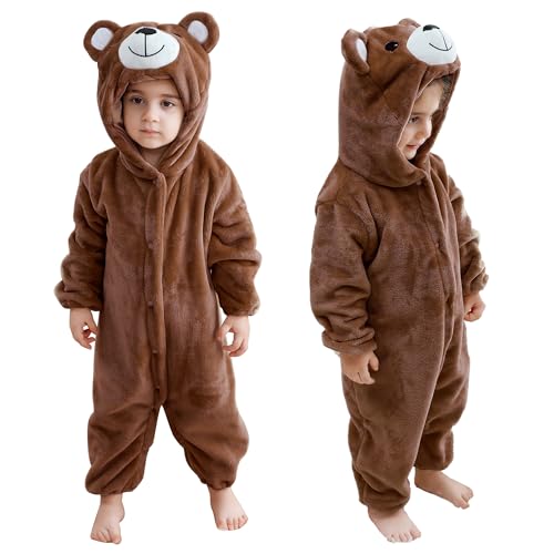 COOKY.D Monos para Bebé de Franela Unisex Cierre con Botones a Presión Traje de Nieve Suave y Cómodo de Animal para Recién Nacidos，Oso Marrón 6-12 Meses