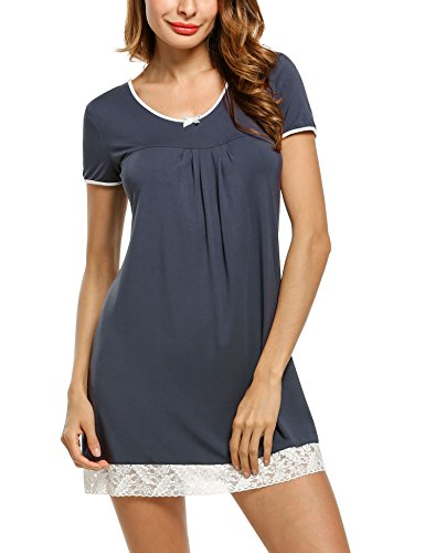 UNibelle Damen Nachthemd Kleid Nachtwäsche Negligees Kurzarm Mit Spitzenbesatz, A-grau, M