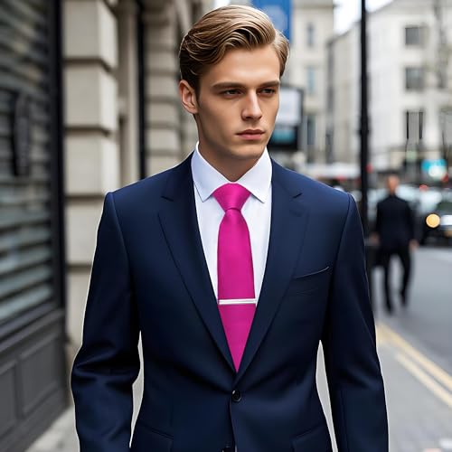 Image of YourTies Skinny Ties for Men Satin 2.4 inch Slim Necktie with Pocket Square Tie Clip Set Solid Color Wedding Party Business