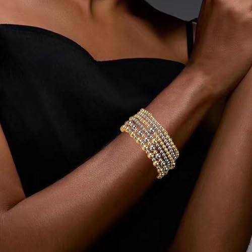 Gold Beaded Bracelets for Women Stack Beads Bracelet Sets Trendy Cross Pearl Jewelry Set 6 PCS Stackable Two Tone Non Tranish Strech Jewelry Gift for Birthday,Baptism2