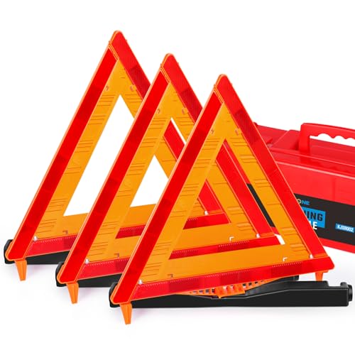 Noone Safety Triangles DOT Approved, 3 Pack Foldable Warning Reflective Triangles, US FMVSS 571 125 with Carrying Case, Heavy Base Emergency Roadside Triangles