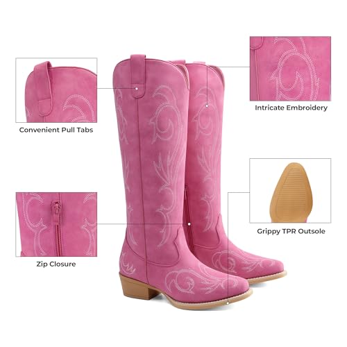 DREAM PAIRS Womens Cowboy Boots Comfortable Cowgirl Knee High Boots Pull On Side Zipper Chunky Heel Embroidered Western Boots,Size 6.5,Hot Pink,DWUMKB2502
