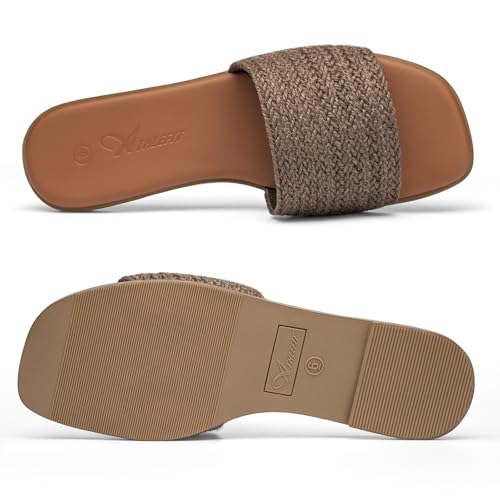 Image of Athlefit Flat Sandals Women Dressy Square Toe Raffia Summer Slide Sandals