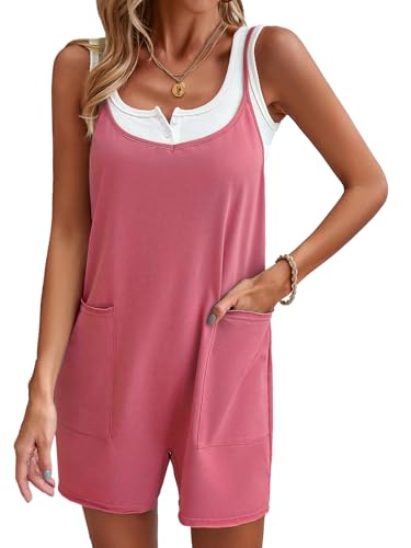 VOGMATE Mono Corto Mujer de Verano Casual Traje de Algodón de Cuello V Jumpsuit Mujer Sexy Sin Mangas Petos Monos Playa Rose XL