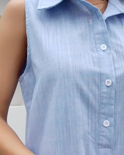 Image of Women Sleeveless Mini Dress Button Down Shirt Dress V Neck Reffle Hem Cotton Linen Tunic Short Dress