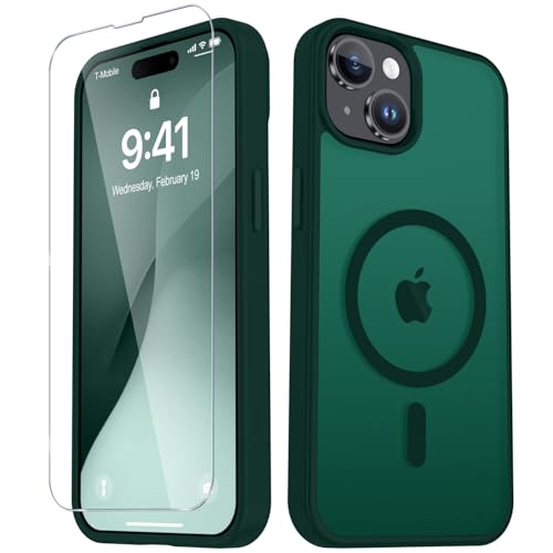 Image of for iPhone 15 Plus Case, iPhone 14 Plus Case, Matte Magnetic Phone Cover with 1 Screen Protector [Support for MagSafe] [Shockproof Military Grade Protection] Translucent Frosted Back, Dark Green