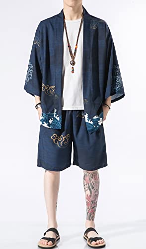 image for Ambcol Men's Japanese Style Kimono Tops Shorts Sets Lightweight Casual