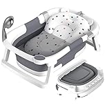 Rabb 1st Baby Bath Tub Foldable,Portable Bath Newborn to Toddler with Non-Slip Mat,Drain Hole,No Thermometer,Grey