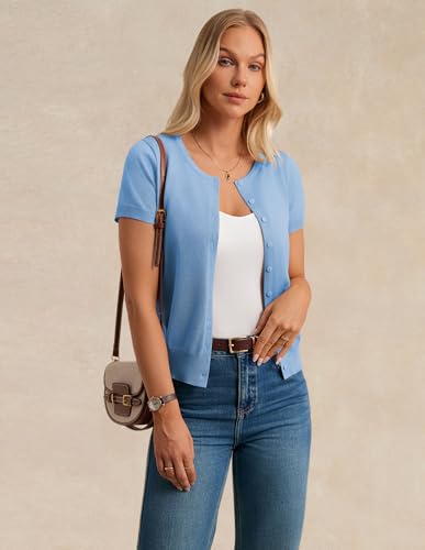 Image of GRACE KARIN Women Short Sleeve Cardigan, 2026 Summer Knitted Sweater Tops, Basic Crew Neck Crop Outfits