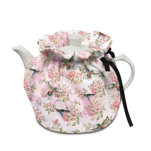 Image of Hummingbird Pink Rose Tea Pot Cozies, Machine Washable Fabric Kitchen Teapot Dust Cover Breakfast Warmer Insulation and Keep Warm, Home Christmas Decor
