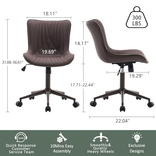 Image of YOUTASTE Armless Office Desk Chair with Wheels, Adjustable Swivel Vanity Chair, PU Leather Upholstered, Ergonomic Back Support, Modern All Brown Computer Chair for Home Office, Bedroom, Study