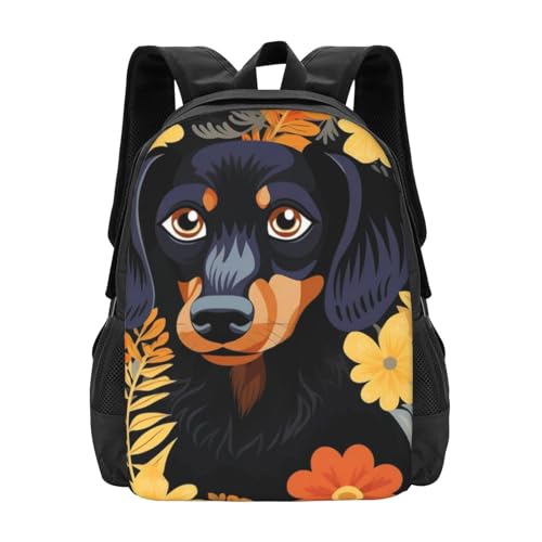 Large Capacity Pattern Using Dachshun Dog Flowers Leaves Pet Backpack Multipurpose Bag Zipper Backpack Unisex 17 in