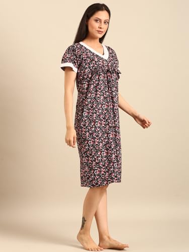 Image of Rupa Jon Aishwarya Women Short Printed Nighty in Premium Cotton Blend Fabric, Midi Length, Night Dress, Three-Fourth Length for Comfortable Everyday Wear