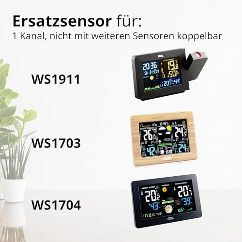 ADE Ersatz Außensensor WS1000 für Wetterstation | 1 Kanal | kompatibel mit ADE CK2406, WS1703, WS1704, WS1711, WS1911, WS2132, WS2136, WS2324, WS2331 | weiß