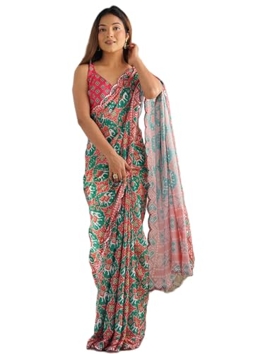 Image of Panzora Women's Chinon Printed Saree With Unstitched Blouse Piece