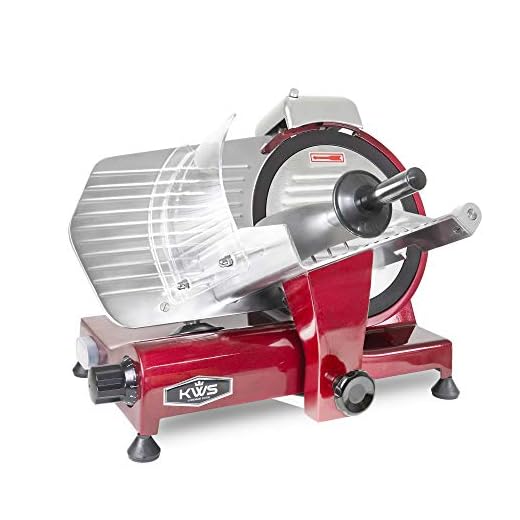 KWS MS-10XT Premium Commercial 320W Electric Meat Slicer 10-Inch in Red with Non-sticky Teflon Blade, Frozen Meat/Deli Meat/Cheese/Food Slicer Low Noises Commercial and Home Use